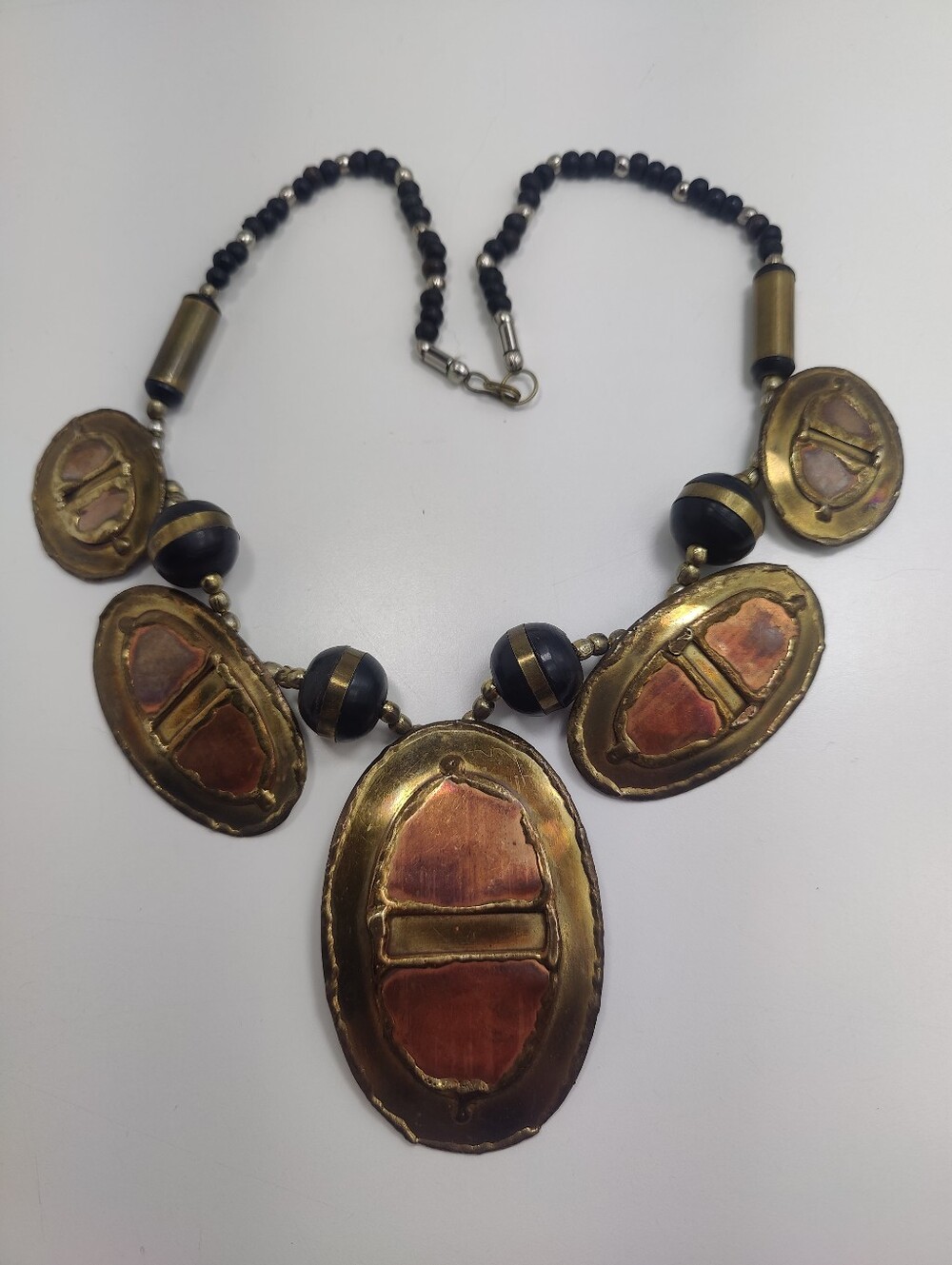 Vintage Modernist Brutalist Brass & Copper Handwrought Statement Necklace